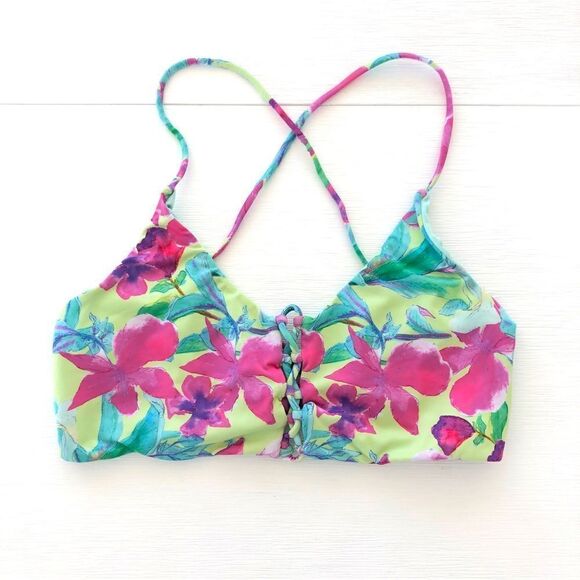 Floral Bikini Lace Up Tank Top With Cheeky Bottom 2-Piece Swimwear Green Pink S - Picture 3 of 7